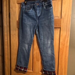 Blank NYC Blue Straight Leg Jeans with Plaid Cuffs